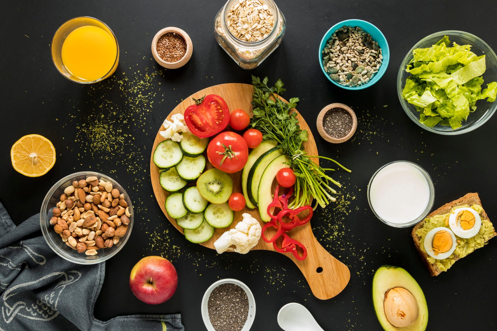 top-view-ingredients-dryfruits-vegetables-black-background